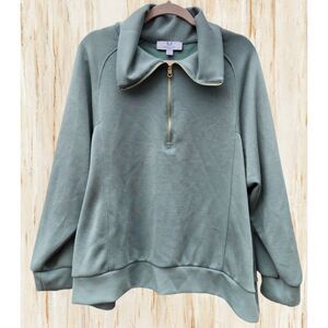 Magaschoni Womens Pullover Top Size M Oversize Sage Green Half Zip Funnel Neck